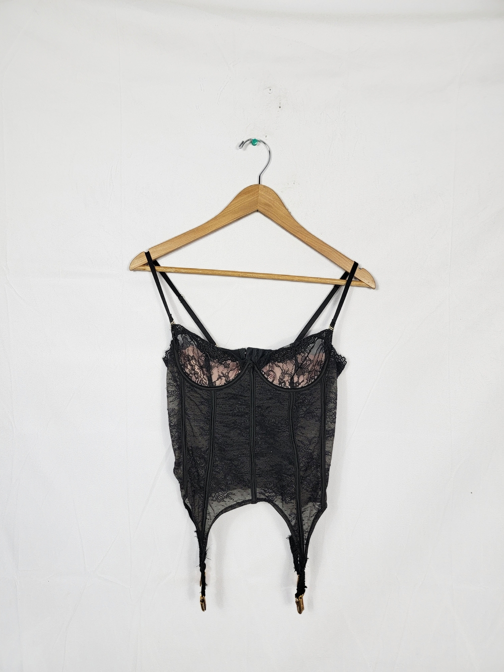 Women's Small House Of Desire Black Lace Bustier with Garter Straps